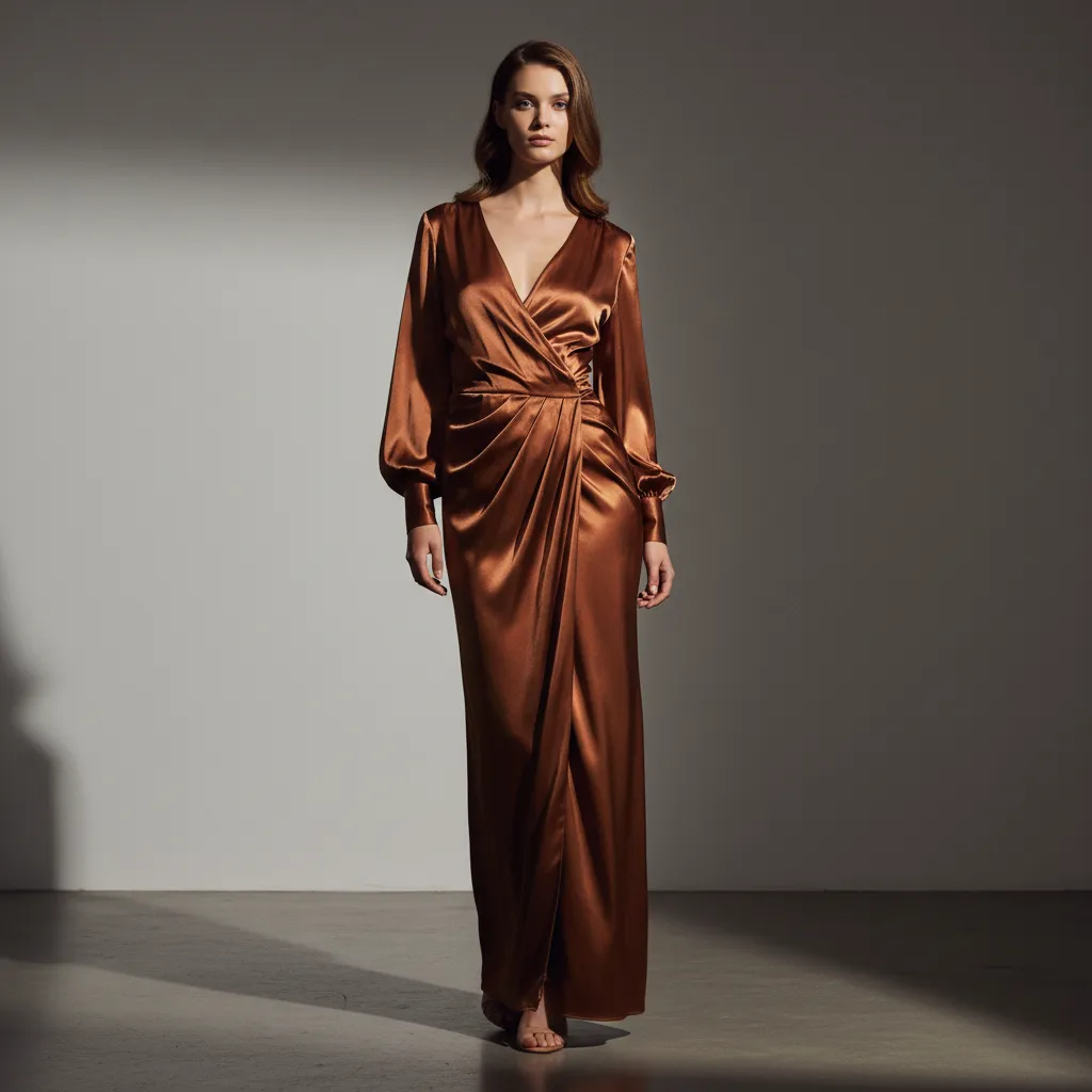 Corresponding model pictures of bronze silk dress